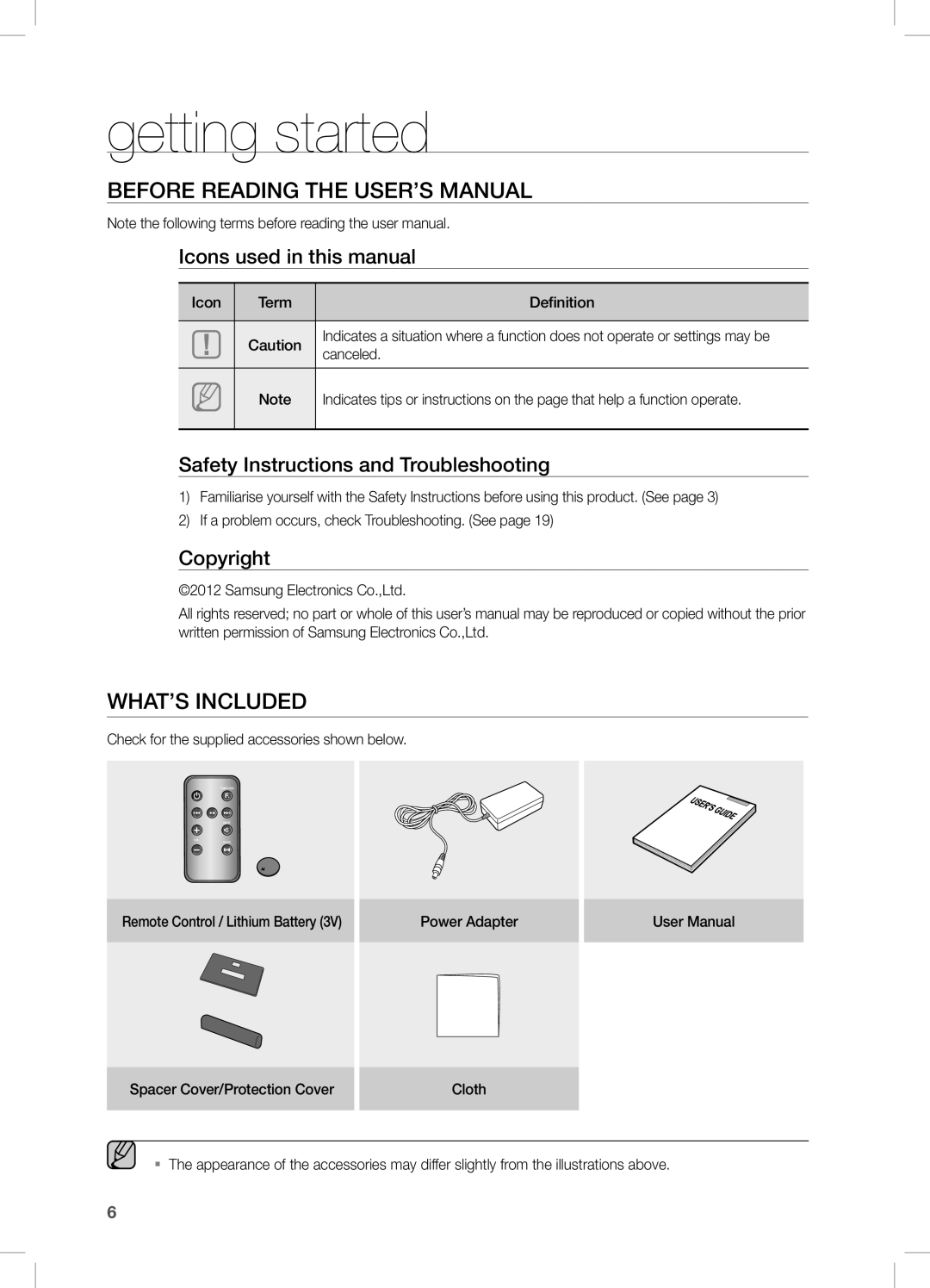 Samsung DA-E570/SQ manual Getting started, Before Reading the User’s Manual, WHAT’s inclUDED 