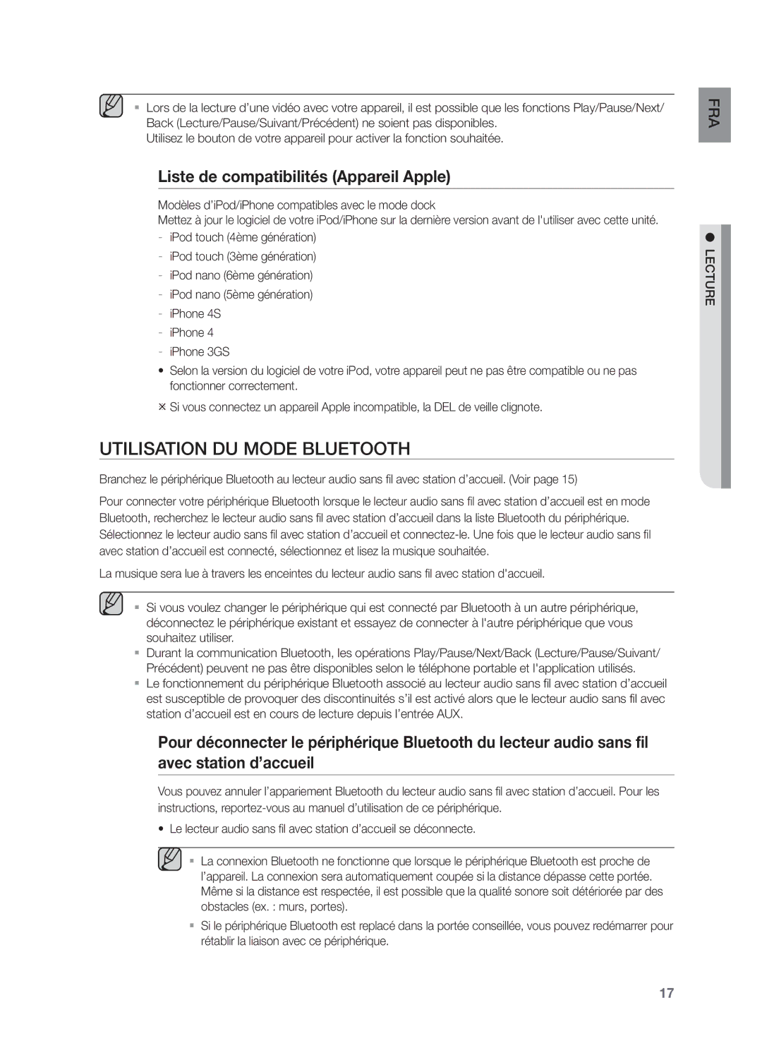 Samsung DA-E570/ZF manual Utilisation DU Mode Bluetooth, Liste de compatibilités Appareil Apple 