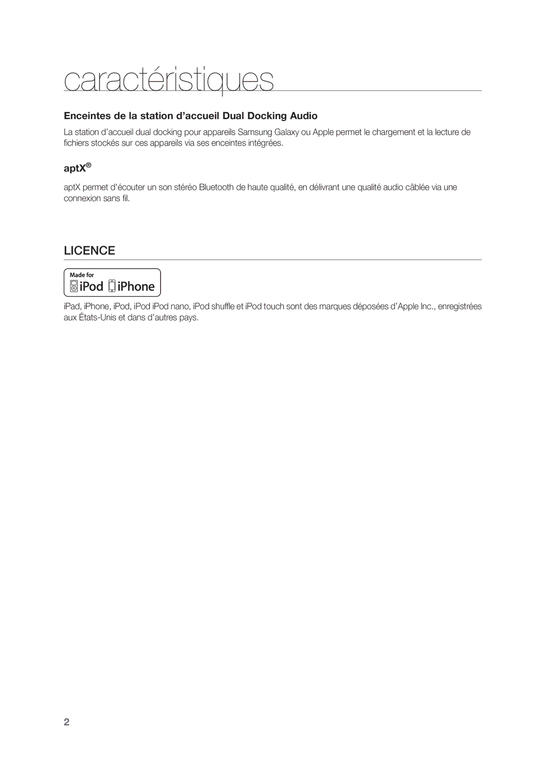 Samsung DA-E570/ZF manual Caractéristiques, Licence, Enceintes de la station d’accueil Dual Docking Audio, AptX 