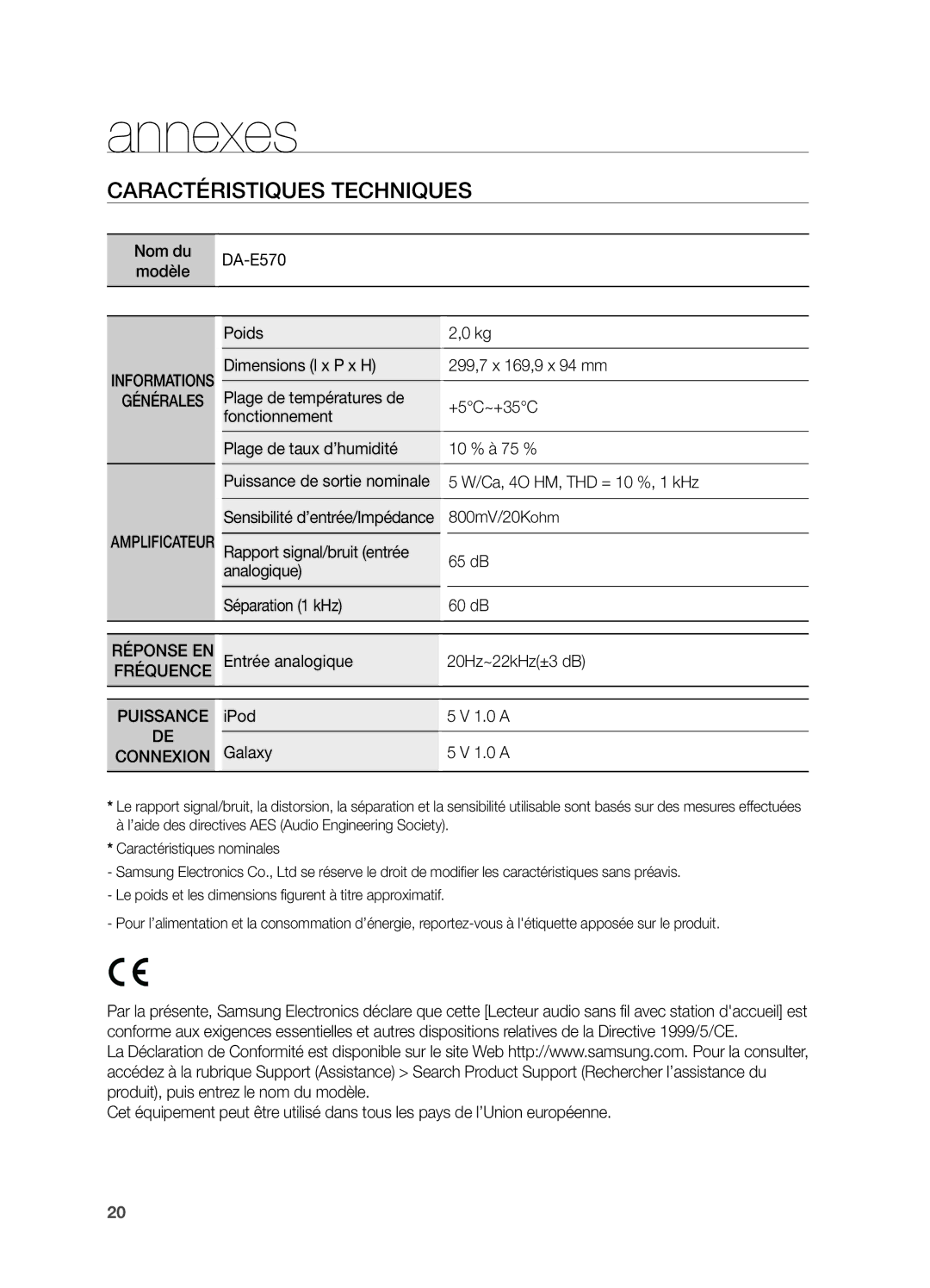 Samsung DA-E570/ZF manual Annexes, Caractéristiques Techniques 