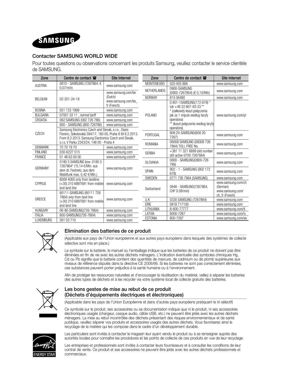 Samsung DA-E570/ZF manual Elimination des batteries de ce produit 