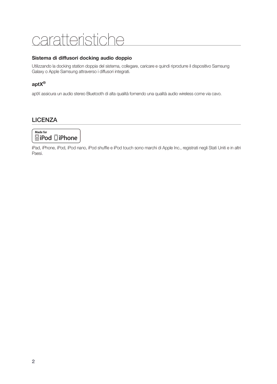 Samsung DA-E570/ZF manual Caratteristiche, Licenza, Sistema di diffusori docking audio doppio 