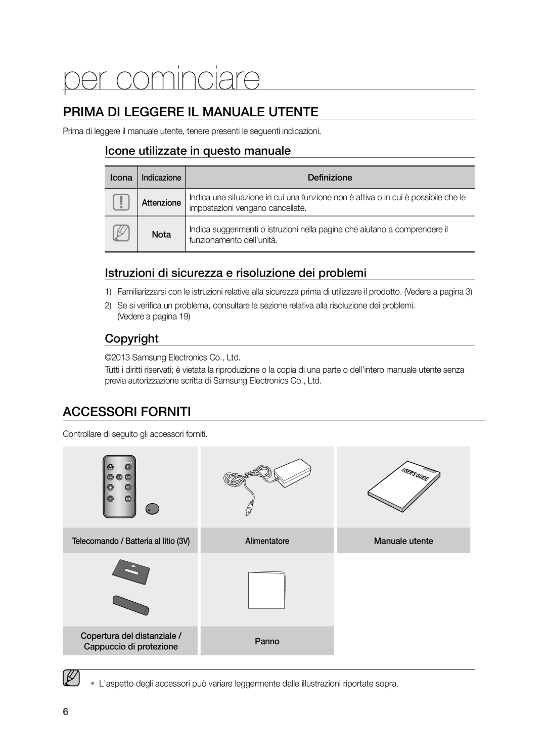 Samsung DA-E570/ZF Per cominciare, Prima di leggere il manuale utente, Accessori Forniti 