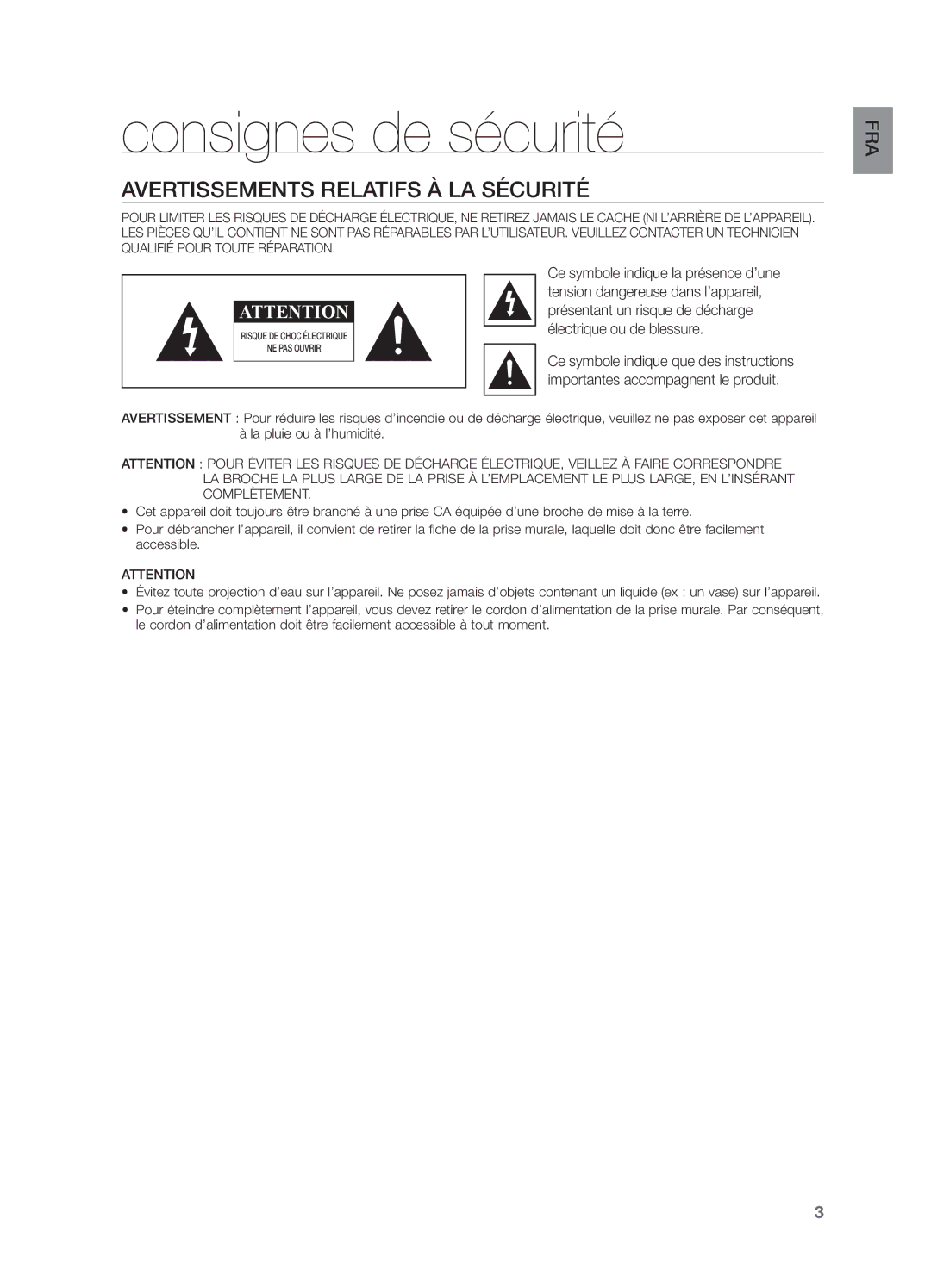 Samsung DA-E570/ZF manual Consignes de sécurité, Avertissements Relatifs À LA Sécurité 