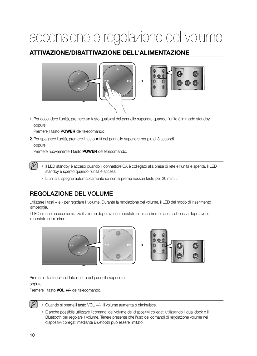 Samsung DA-E570/ZF manual Accensione e regolazione del volume, ReGOLaziOne DeL VOLUme 