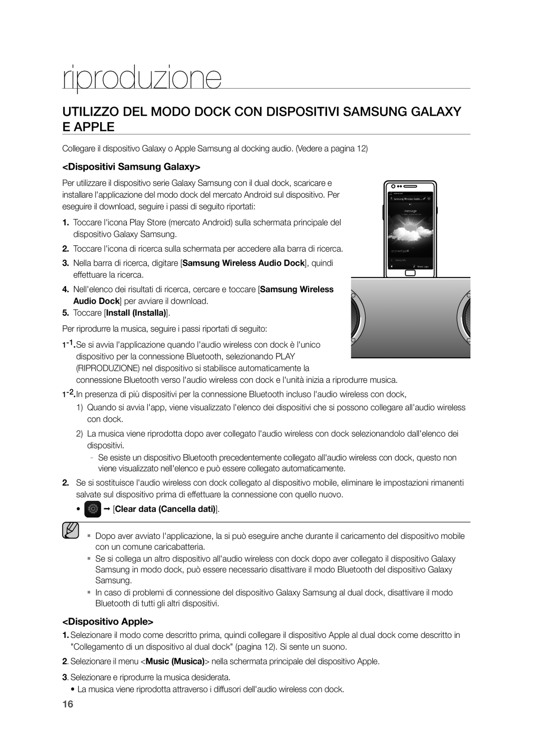 Samsung DA-E570/ZF manual Riproduzione, Dispositivi Samsung Galaxy, Dispositivo Apple 