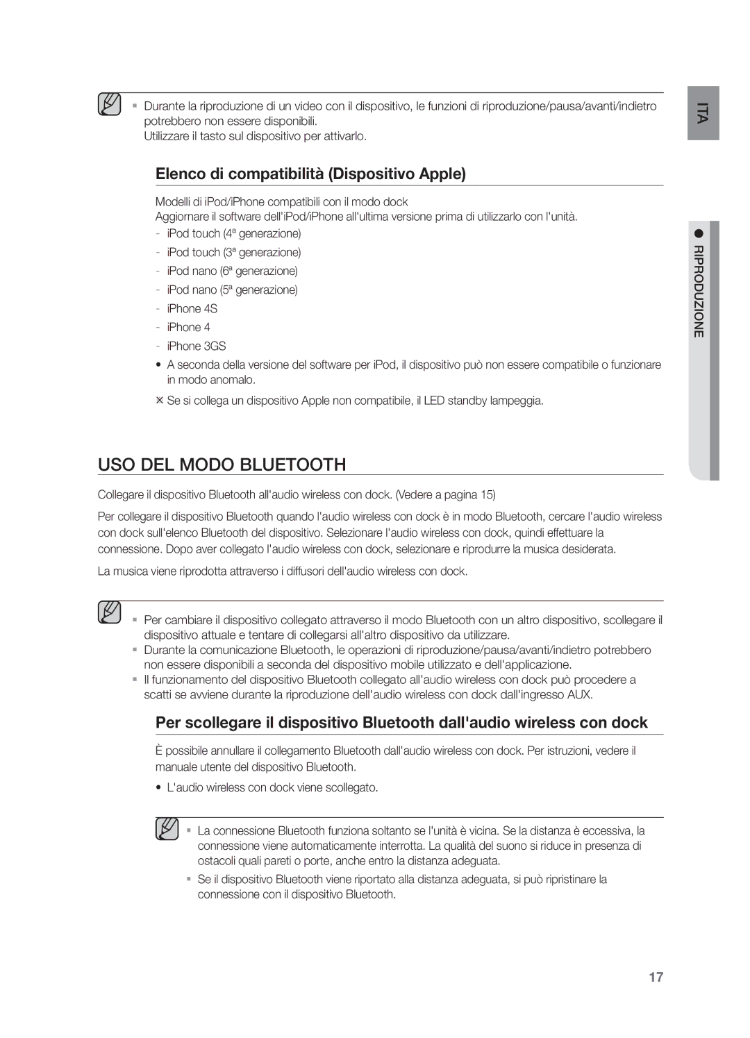 Samsung DA-E570/ZF manual USO DEL Modo Bluetooth, Elenco di compatibilità Dispositivo Apple 