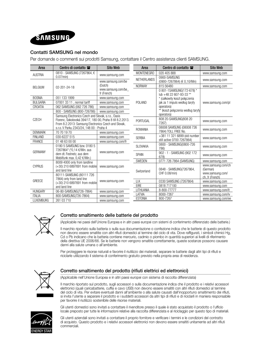 Samsung DA-E570/ZF manual Corretto smaltimento delle batterie del prodotto 