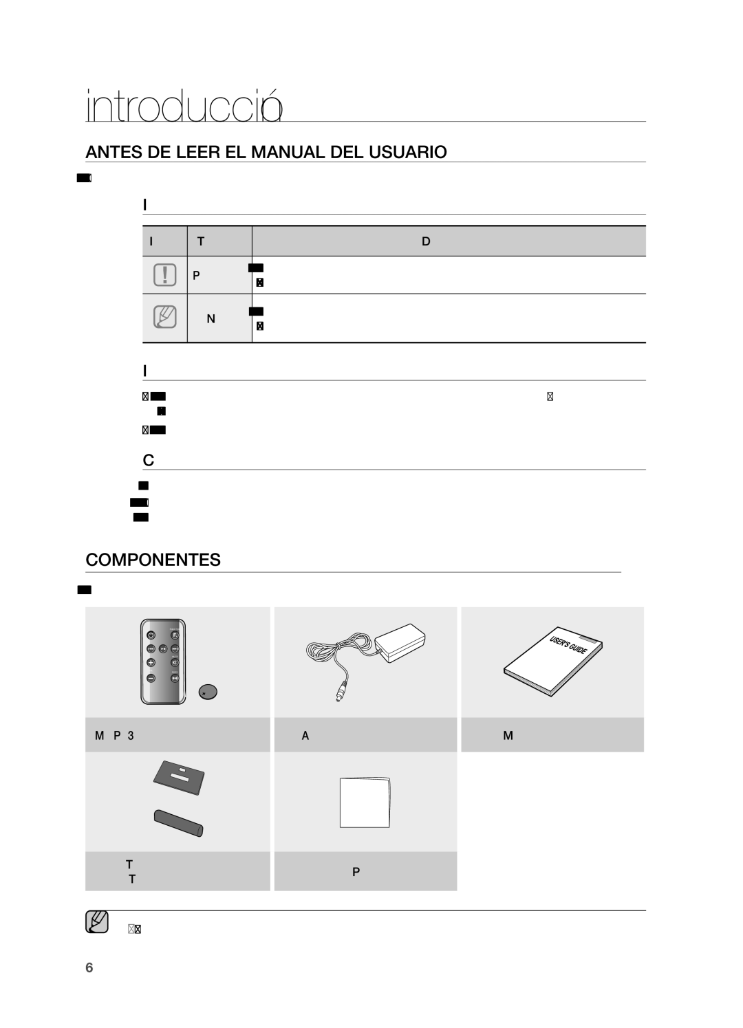 Samsung DA-E570/ZF Introducción, Antes de leer el Manual del usuario, Componentes, Iconos utilizados en este manual 