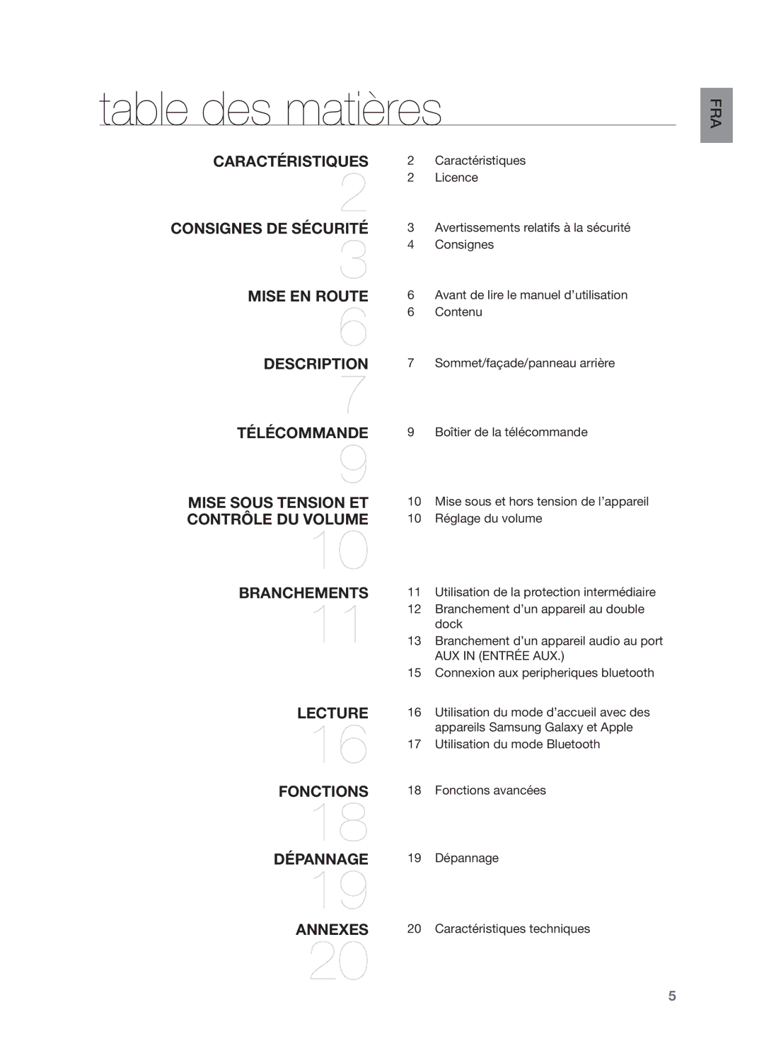 Samsung DA-E570/ZF manual Table des matières, Branchements Lecture Fonctions Dépannage Annexes 