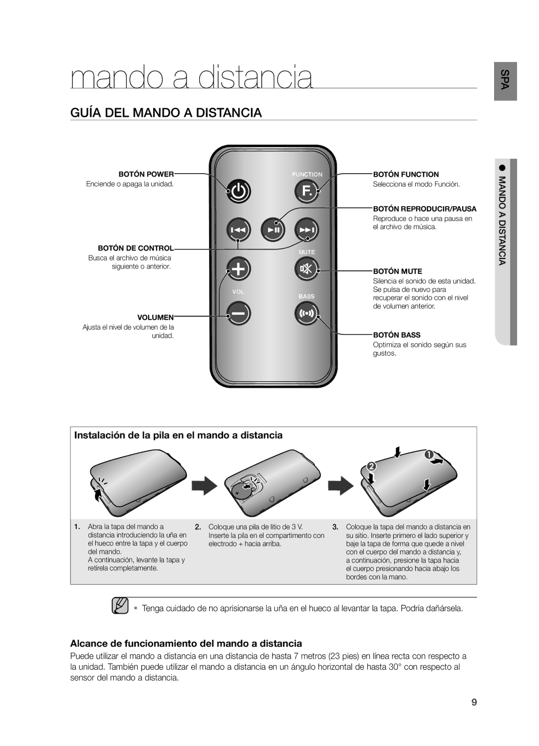 Samsung DA-E570/ZF manual Mando a distancia, Guía del mando a distancia, Instalación de la pila en el mando a distancia 