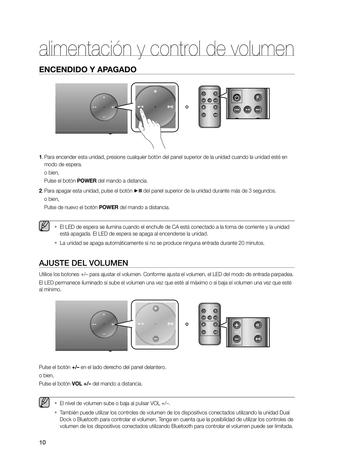 Samsung DA-E570/ZF manual Alimentación y control de volumen, AJUSTe DeL VOLUMen 