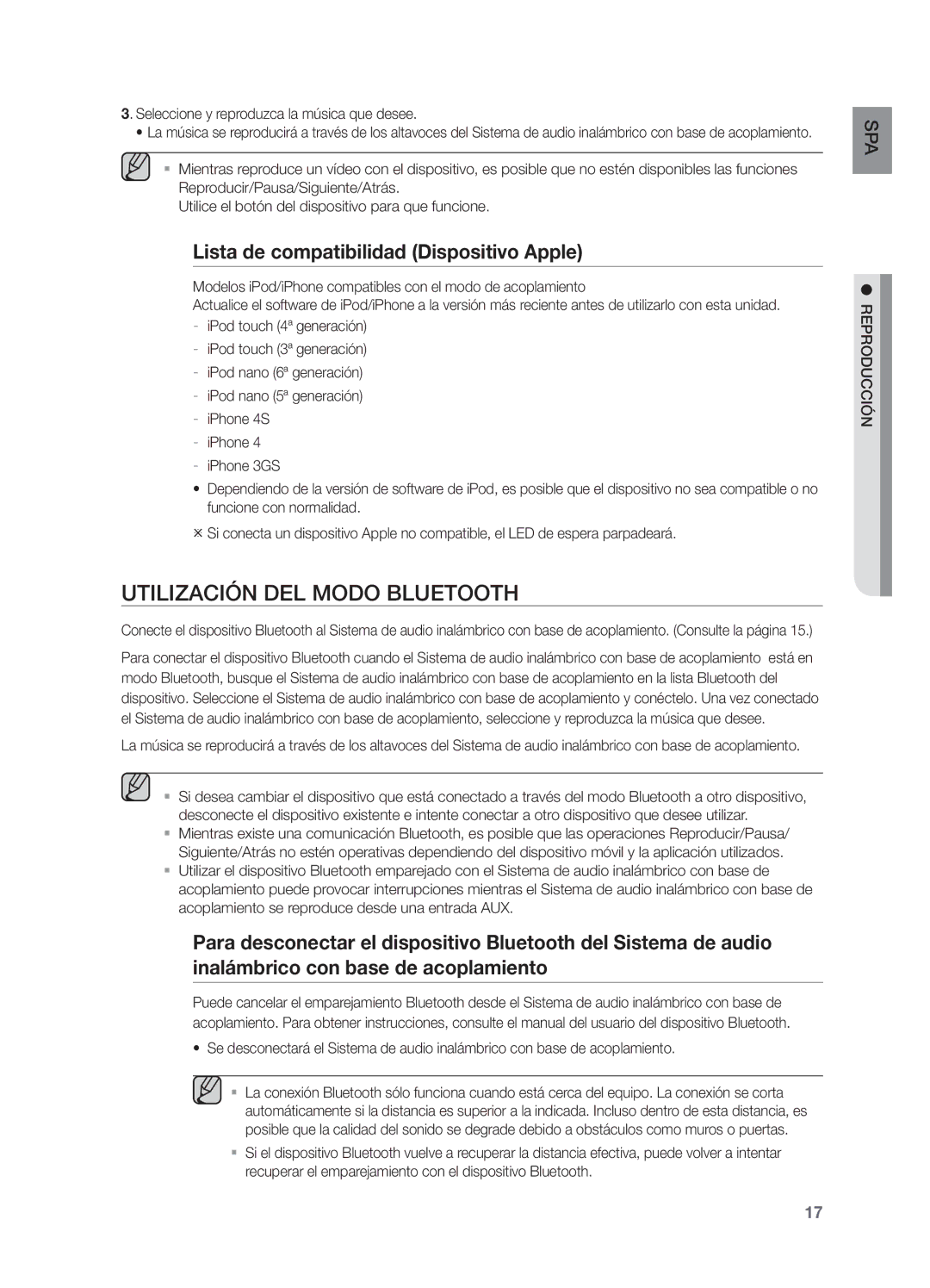 Samsung DA-E570/ZF manual Utilización DEL Modo Bluetooth, Lista de compatibilidad Dispositivo Apple 