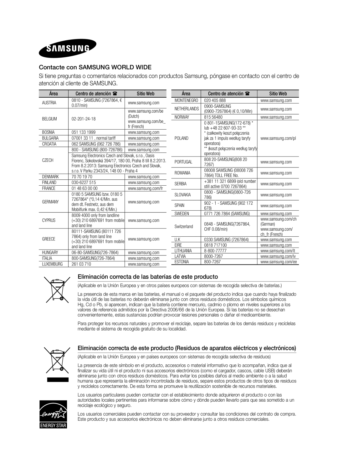 Samsung DA-E570/ZF manual Eliminación correcta de las baterías de este producto 