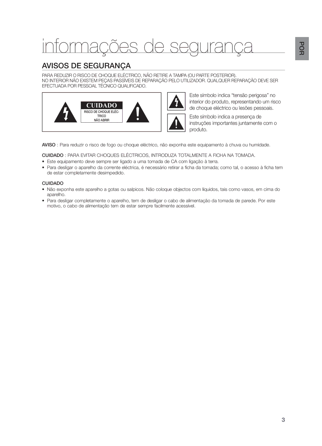 Samsung DA-E570/ZF manual Informações de segurança, Avisos DE Segurança 