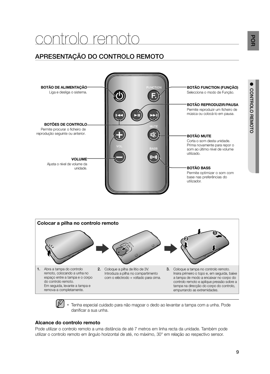 Samsung DA-E570/ZF manual Controlo remoto, Apresentação do Controlo Remoto, Colocar a pilha no controlo remoto 