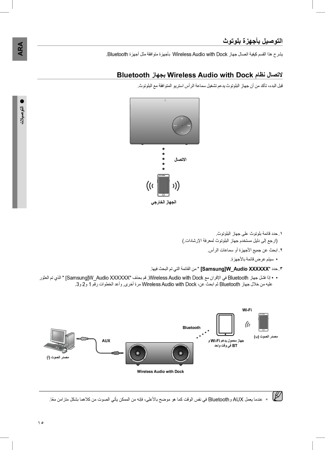 Samsung DA-E570/ZN ثوتولب ةزهجأب ليصوتلا, Bluetooth زاهجب Wireless Audio with Dock ماظن لاصتلا, لاصتلاا يجراخلا زاهجلا 