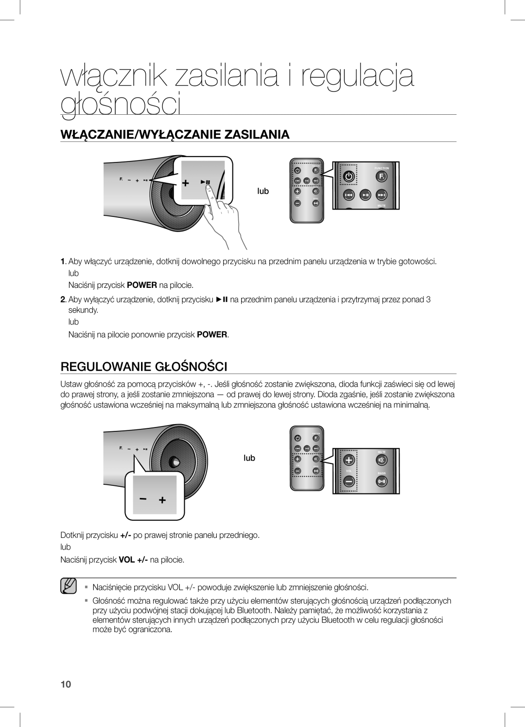 Samsung DA-E651/EN, DA-E650/EN, DA-E651/XE manual Włącznik zasilania i regulacja głośności, Regulowanie Głośności, Lub 