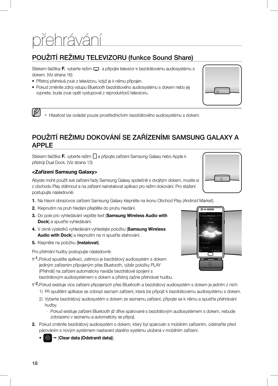 Samsung DA-E650/EN, DA-E651/EN manual Přehrávání, Použití Režimu Televizoru funkce Sound Share, Zařízení Samsung Galaxy 