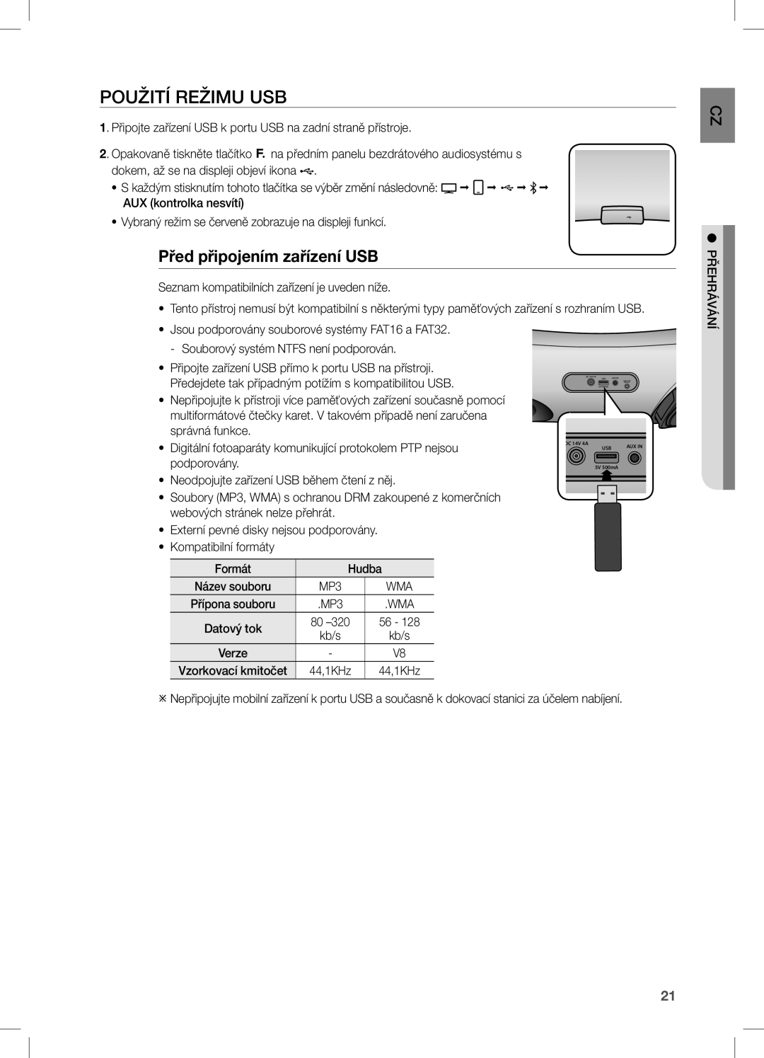 Samsung DA-E650/EN, DA-E651/EN, DA-E651/XE manual Použití Režimu USB, Před připojením zařízení USB, Datový tok Kb/s 