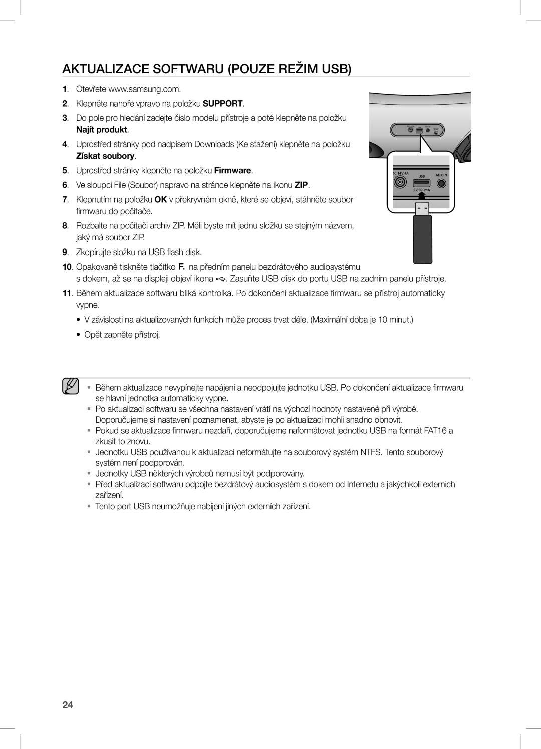 Samsung DA-E650/EN, DA-E651/EN, DA-E651/XE manual Aktualizace Softwaru pouze režim USB, Najít produkt, Získat soubory 