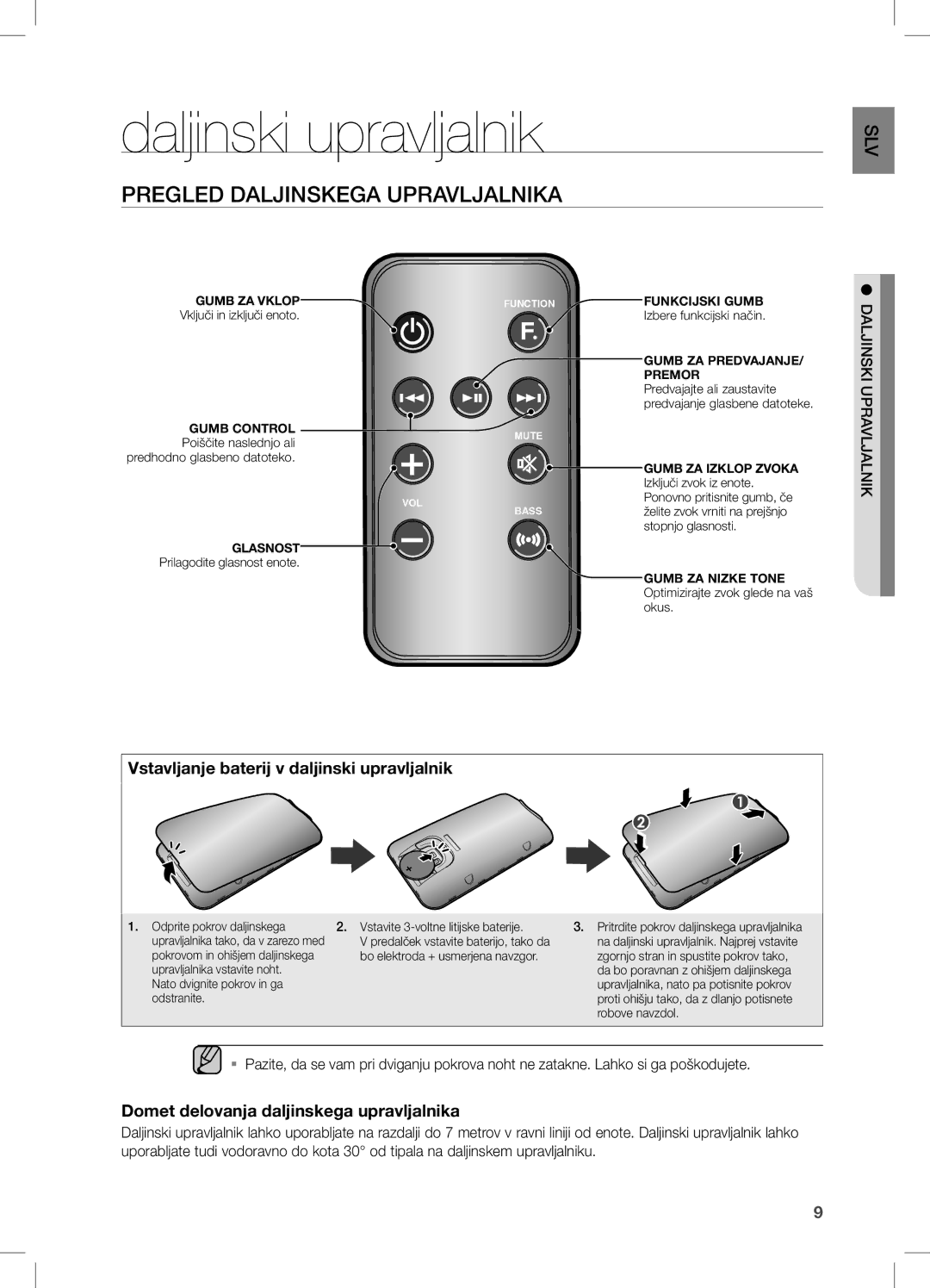 Samsung DA-E651/EN Daljinski upravljalnik, Pregled Daljinskega Upravljalnika, Vstavljanje baterij v daljinski upravljalnik 