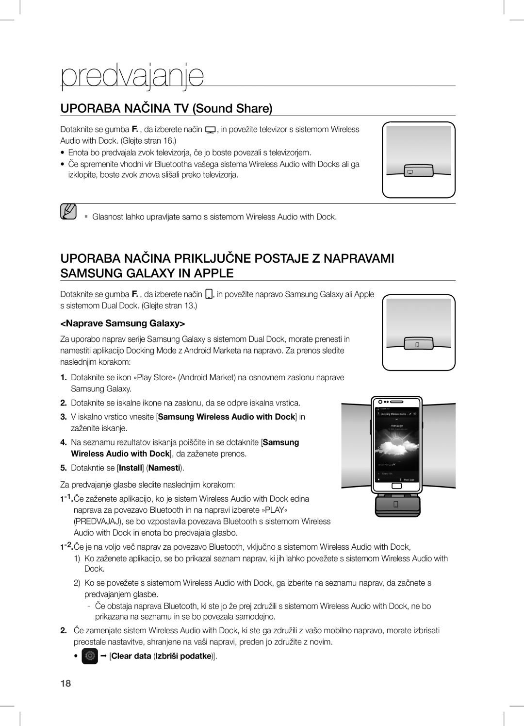 Samsung DA-E651/EN manual Predvajanje, Uporaba Načina TV Sound Share, Naprave Samsung Galaxy, Clear data Izbriši podatke 