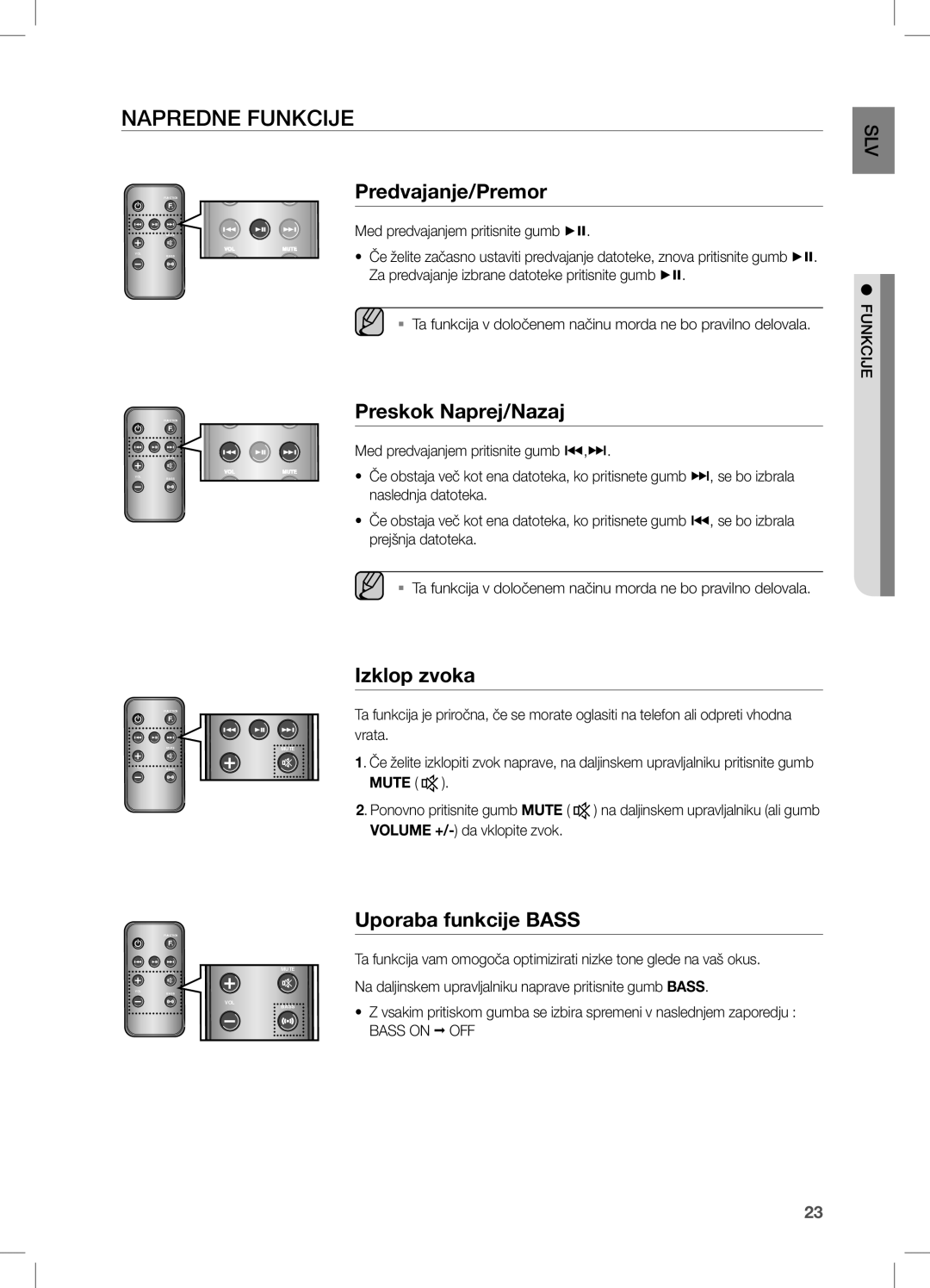 Samsung DA-E650/EN, DA-E651/EN manual Napredne Funkcije, Preskok Naprej/Nazaj, Izklop zvoka, Uporaba funkcije Bass, Mute 