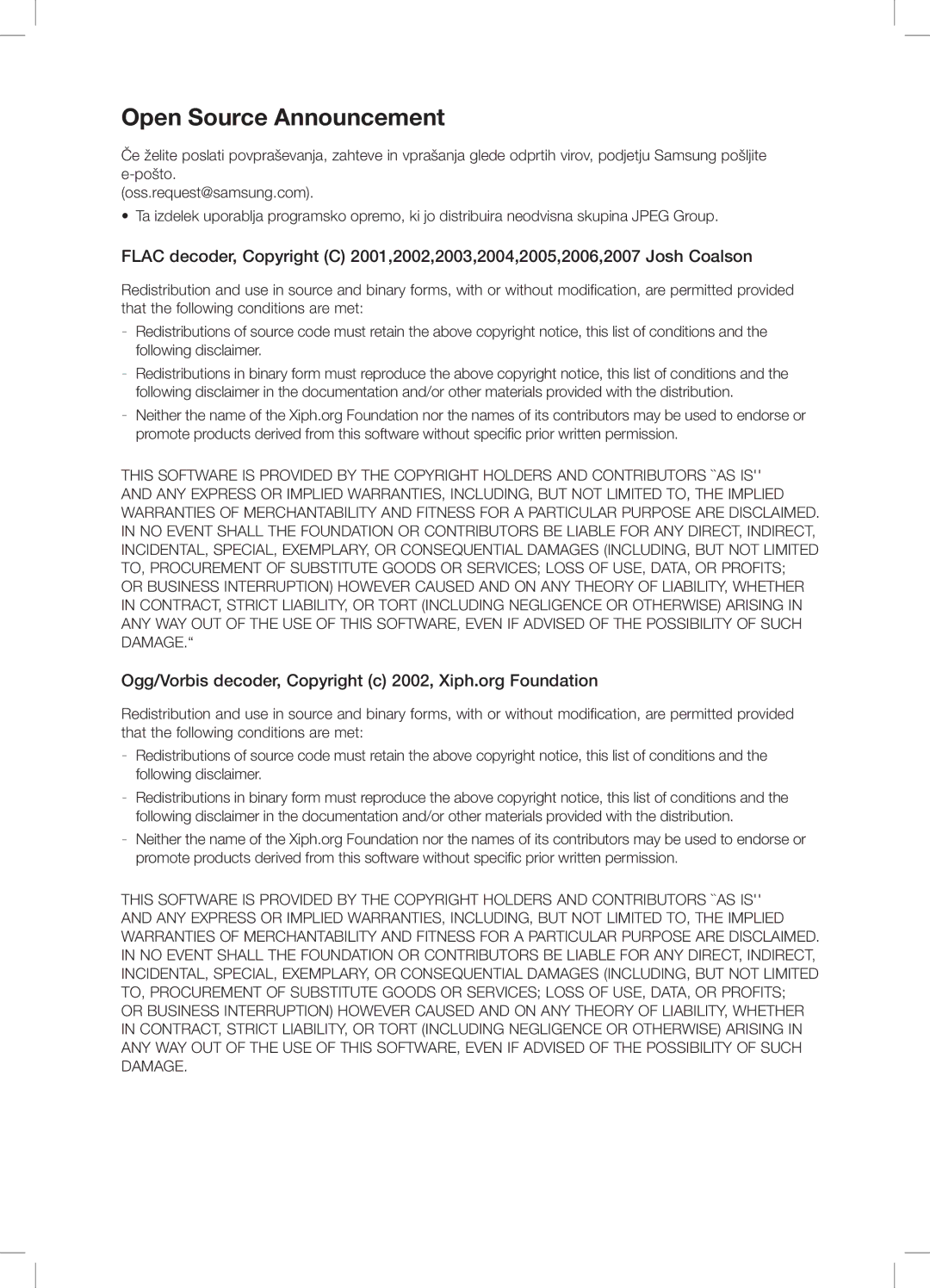 Samsung DA-E651/EN, DA-E650/EN, DA-E651/XE manual Open Source Announcement 