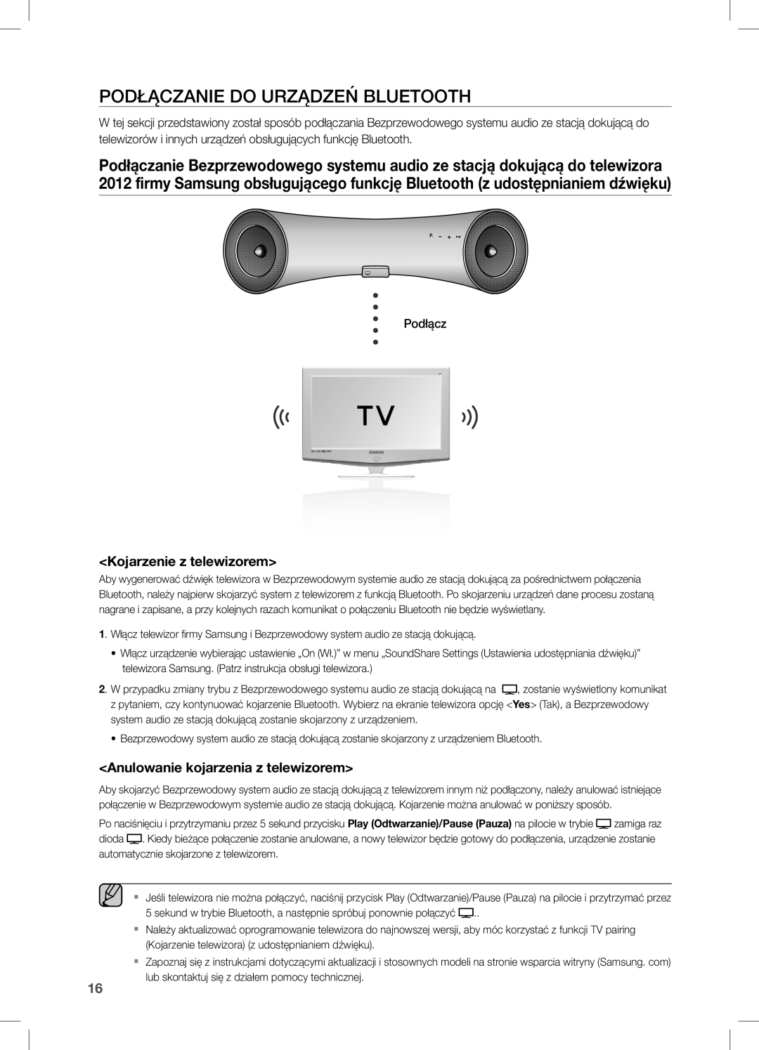 Samsung DA-E651/EN manual Podłączanie do Urządzeń Bluetooth, Kojarzenie z telewizorem, Anulowanie kojarzenia z telewizorem 