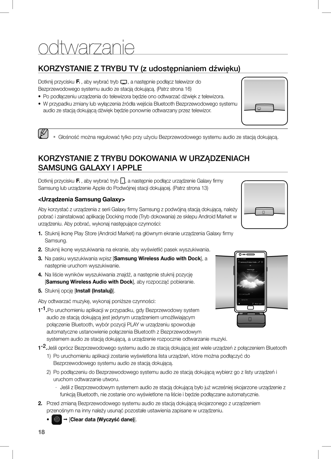 Samsung DA-E650/EN, DA-E651/EN Odtwarzanie, Korzystanie Z Trybu TV z udostępnianiem dźwięku, Urządzenia Samsung Galaxy 