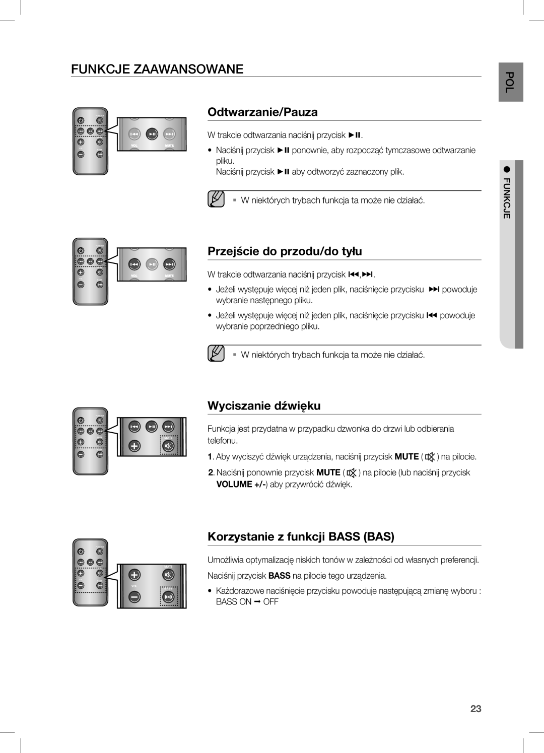 Samsung DA-E651/XE, DA-E650/EN, DA-E651/EN manual Funkcje Zaawansowane, Wyciszanie dźwięku, Korzystanie z funkcji Bass BAS 