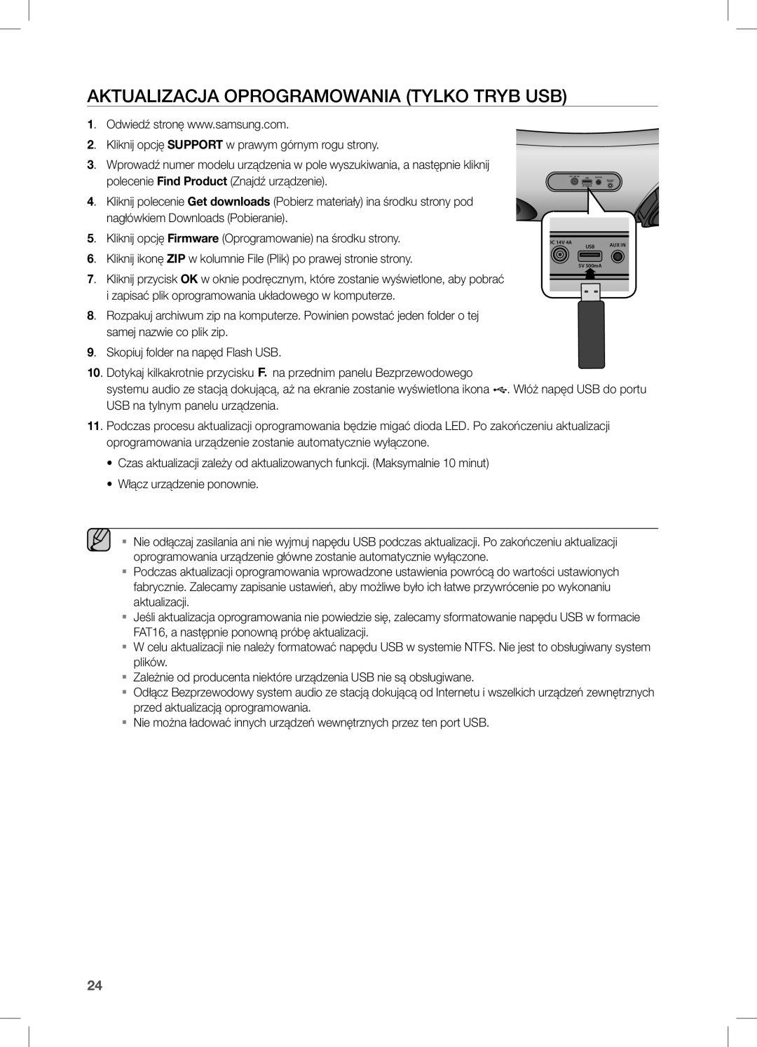 Samsung DA-E650/EN, DA-E651/EN, DA-E651/XE manual Aktualizacja Oprogramowania tylko tryb USB 