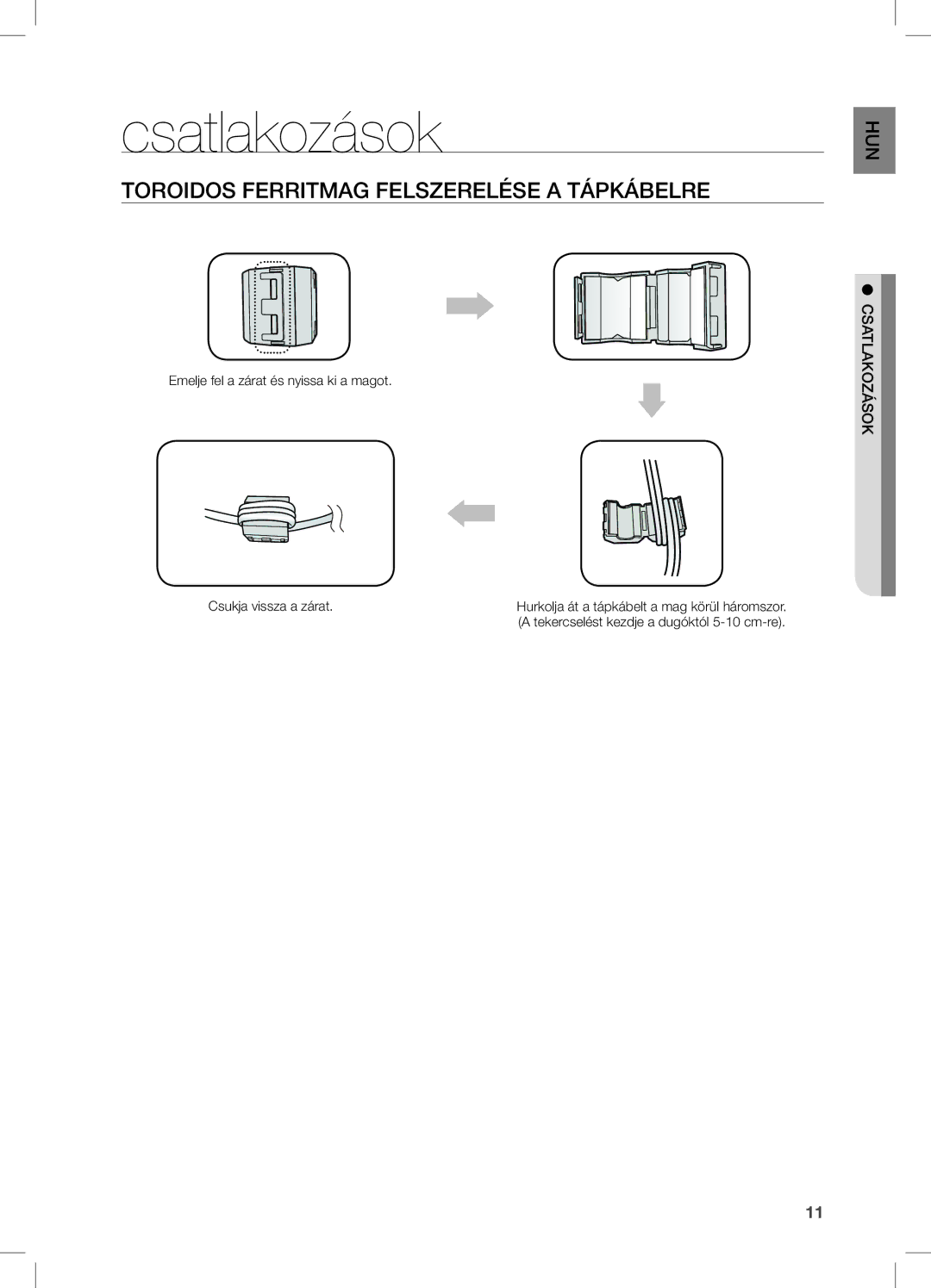 Samsung DA-E650/EN, DA-E651/EN, DA-E651/XE manual Csatlakozások, Toroidos Ferritmag Felszerelése a Tápkábelre, Satlakozások 