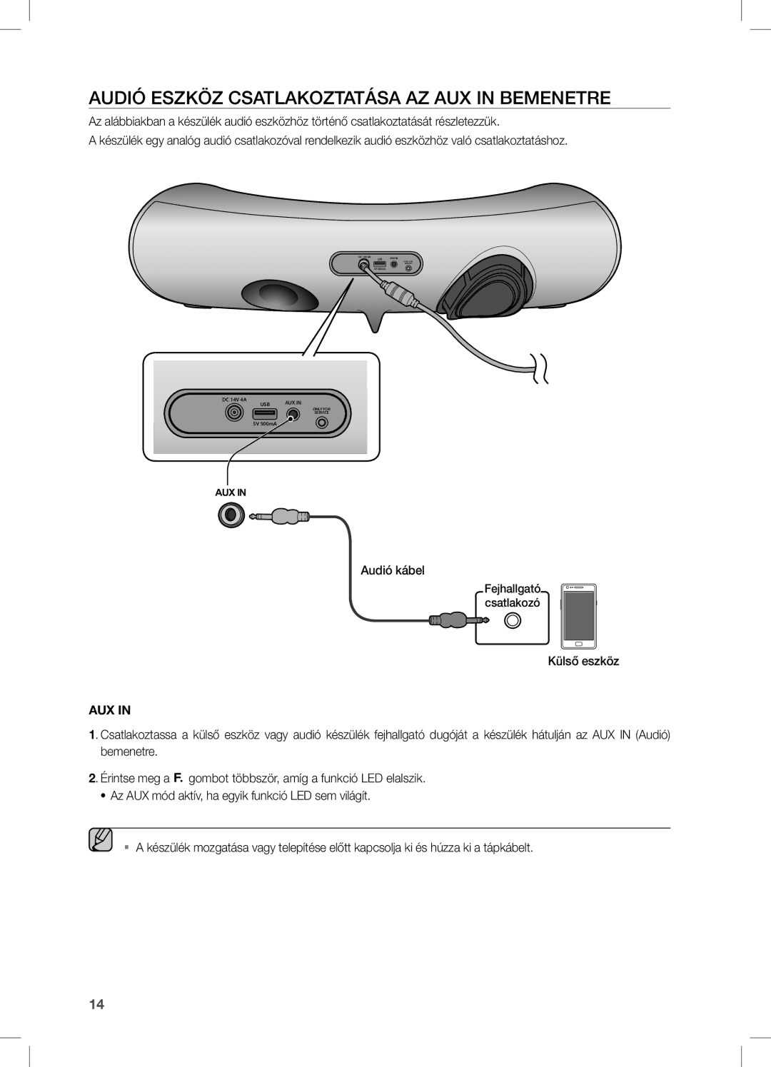 Samsung DA-E650/EN, DA-E651/EN, DA-E651/XE manual Audió Eszköz Csatlakoztatása AZ AUX in Bemenetre, Külső eszköz 