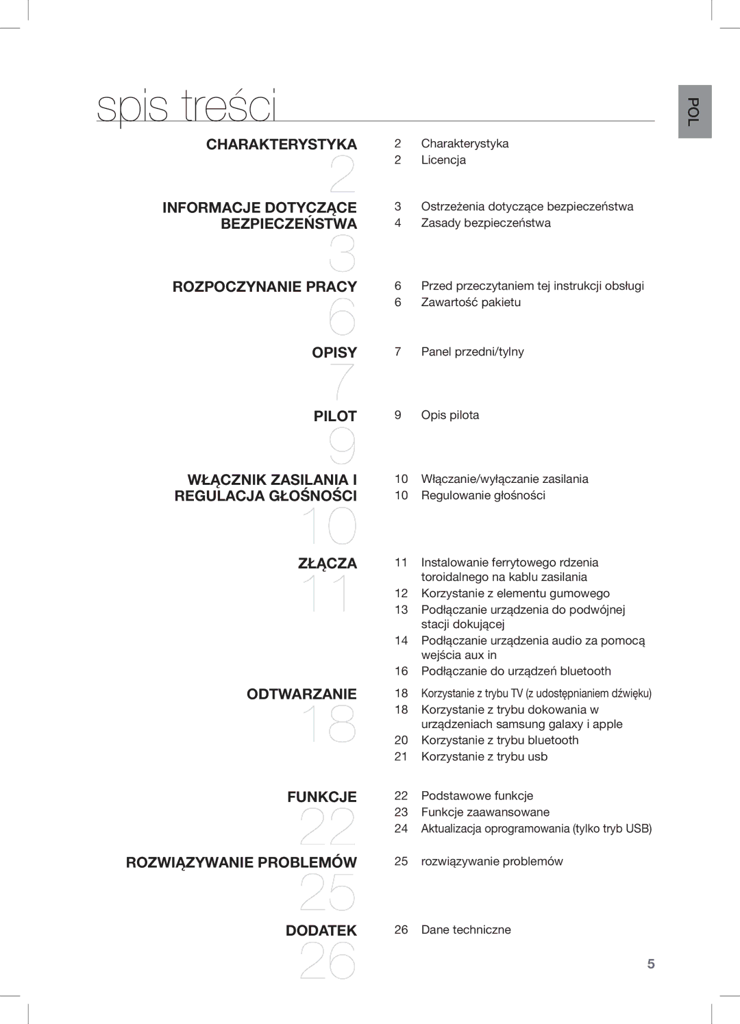 Samsung DA-E651/XE, DA-E650/EN, DA-E651/EN manual Spis treści, Dane techniczne 