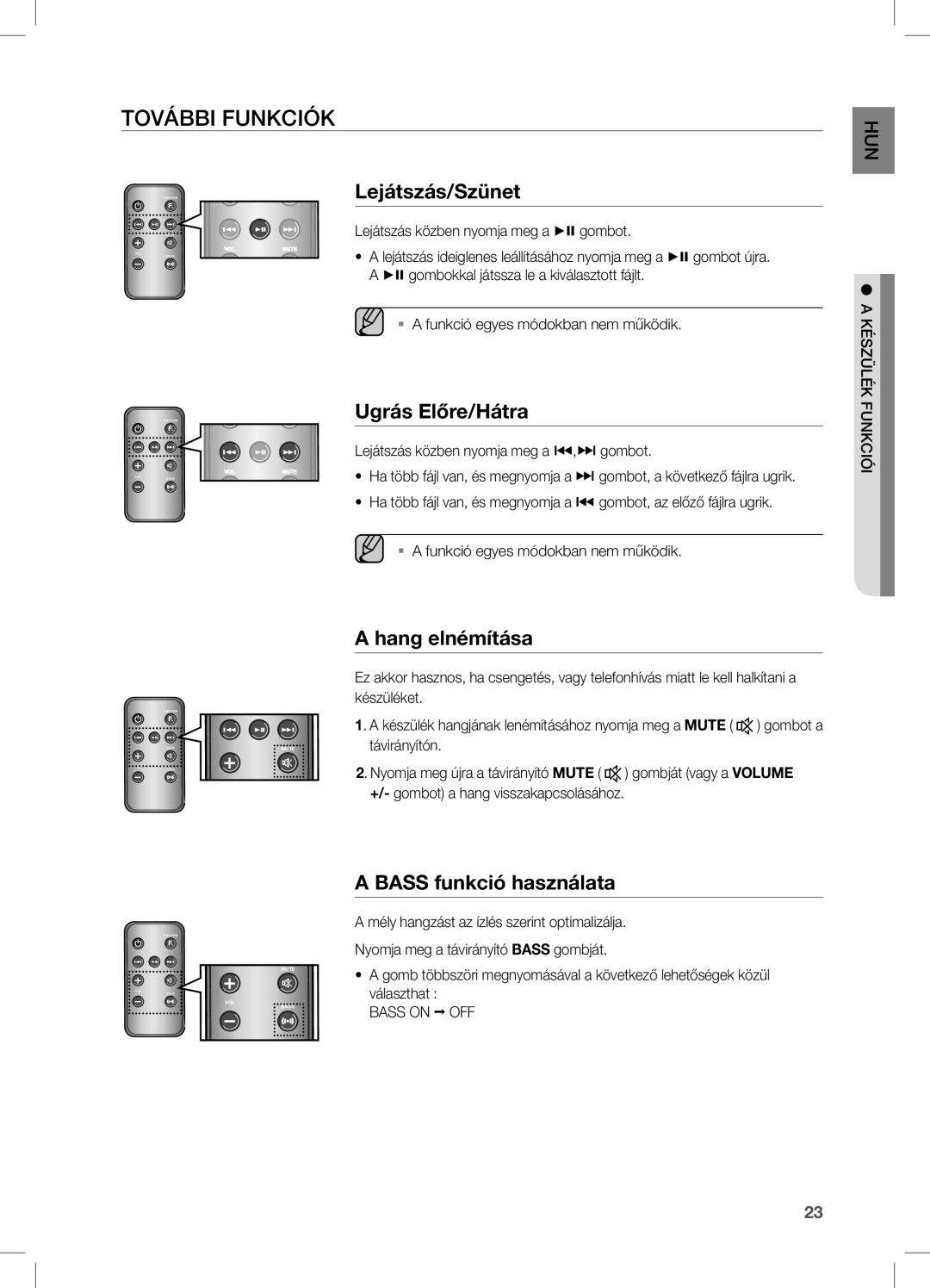 Samsung DA-E650/EN, DA-E651/EN, DA-E651/XE További Funkciók, Ugrás Előre/Hátra, Hang elnémítása, Bass funkció használata 