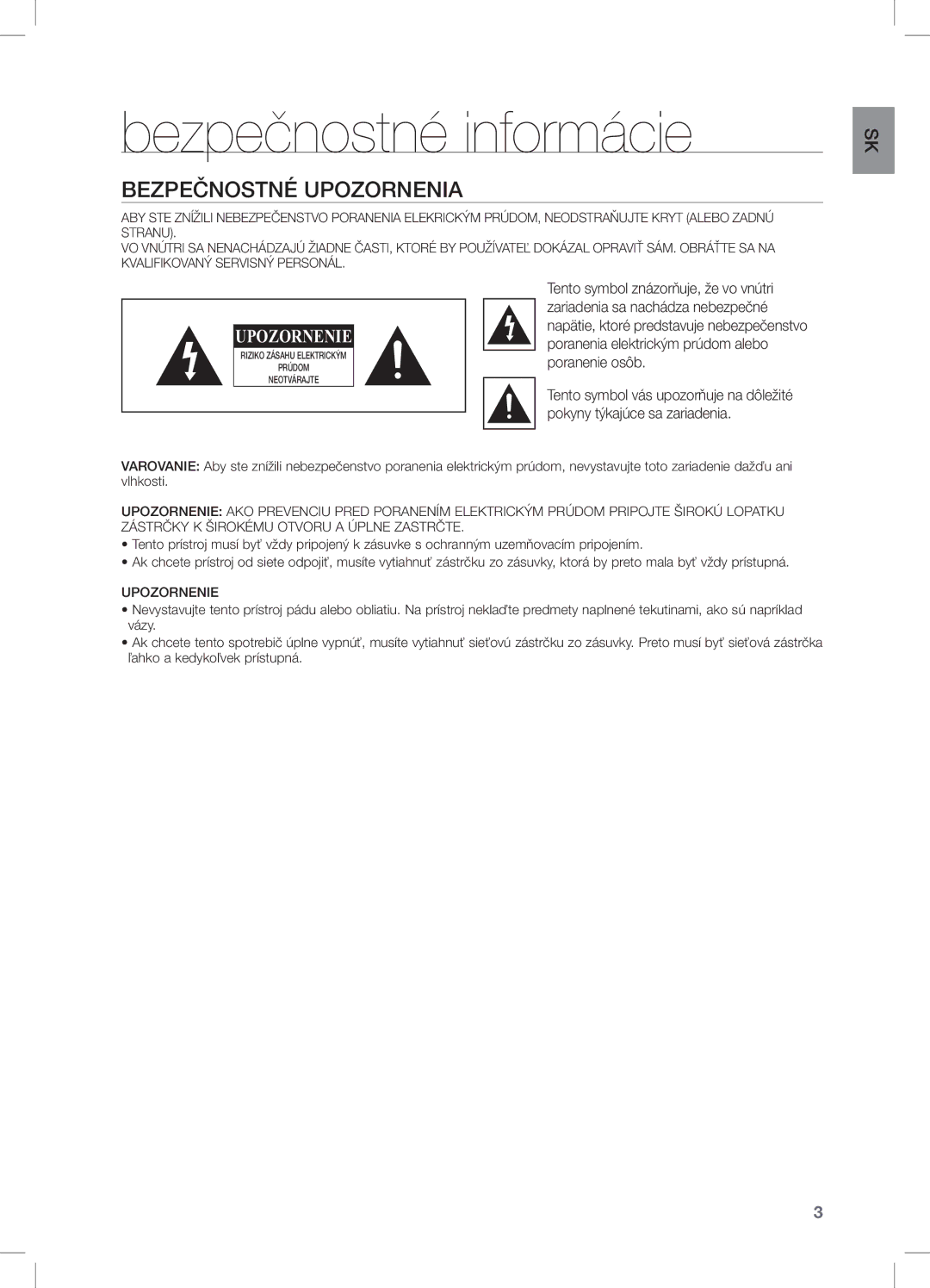 Samsung DA-E651/XE, DA-E650/EN, DA-E651/EN manual Bezpečnostné informácie, Bezpečnostné Upozornenia 