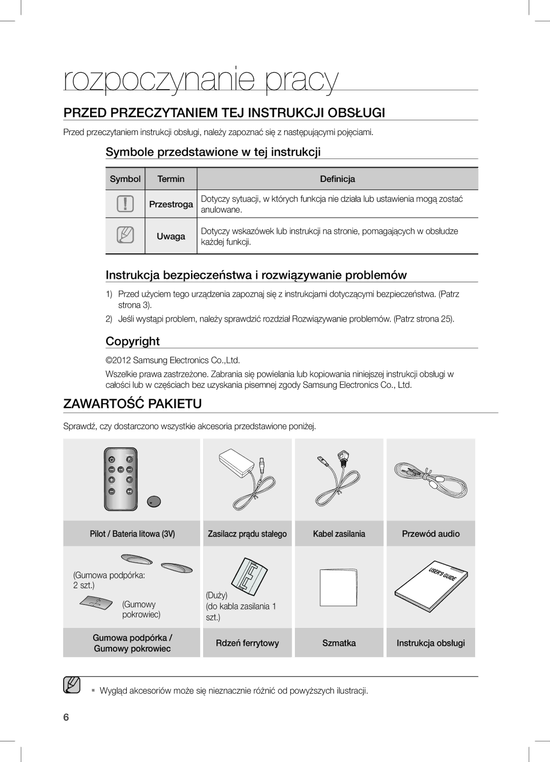 Samsung DA-E650/EN, DA-E651/EN manual Rozpoczynanie pracy, Przed przeczytaniem tej instrukcji obsługi, Zawartość Pakietu 