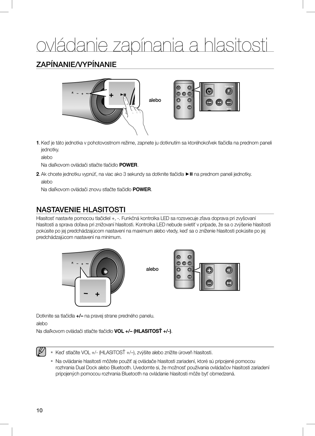 Samsung DA-E650/EN, DA-E651/EN manual Ovládanie zapínania a hlasitosti, Zapínanie/Vypínanie, Nastavenie Hlasitosti, Alebo 