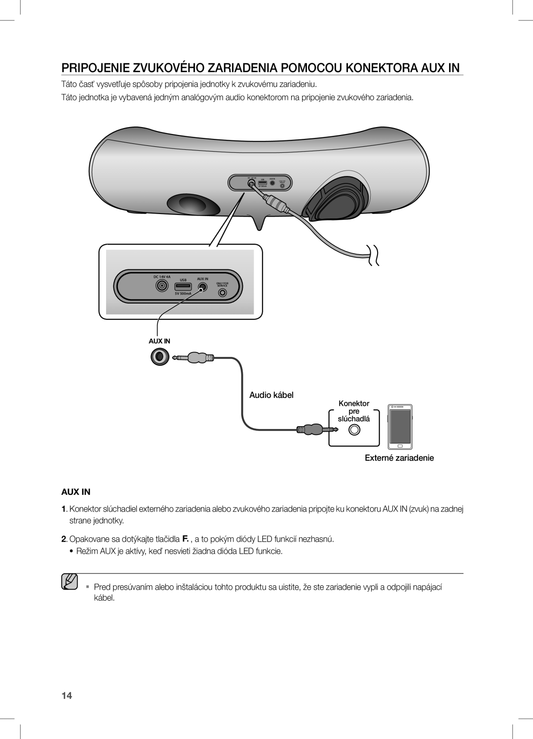 Samsung DA-E651/EN, DA-E650/EN, DA-E651/XE manual Pripojenie Zvukového Zariadenia Pomocou Konektora AUX, Externé zariadenie 