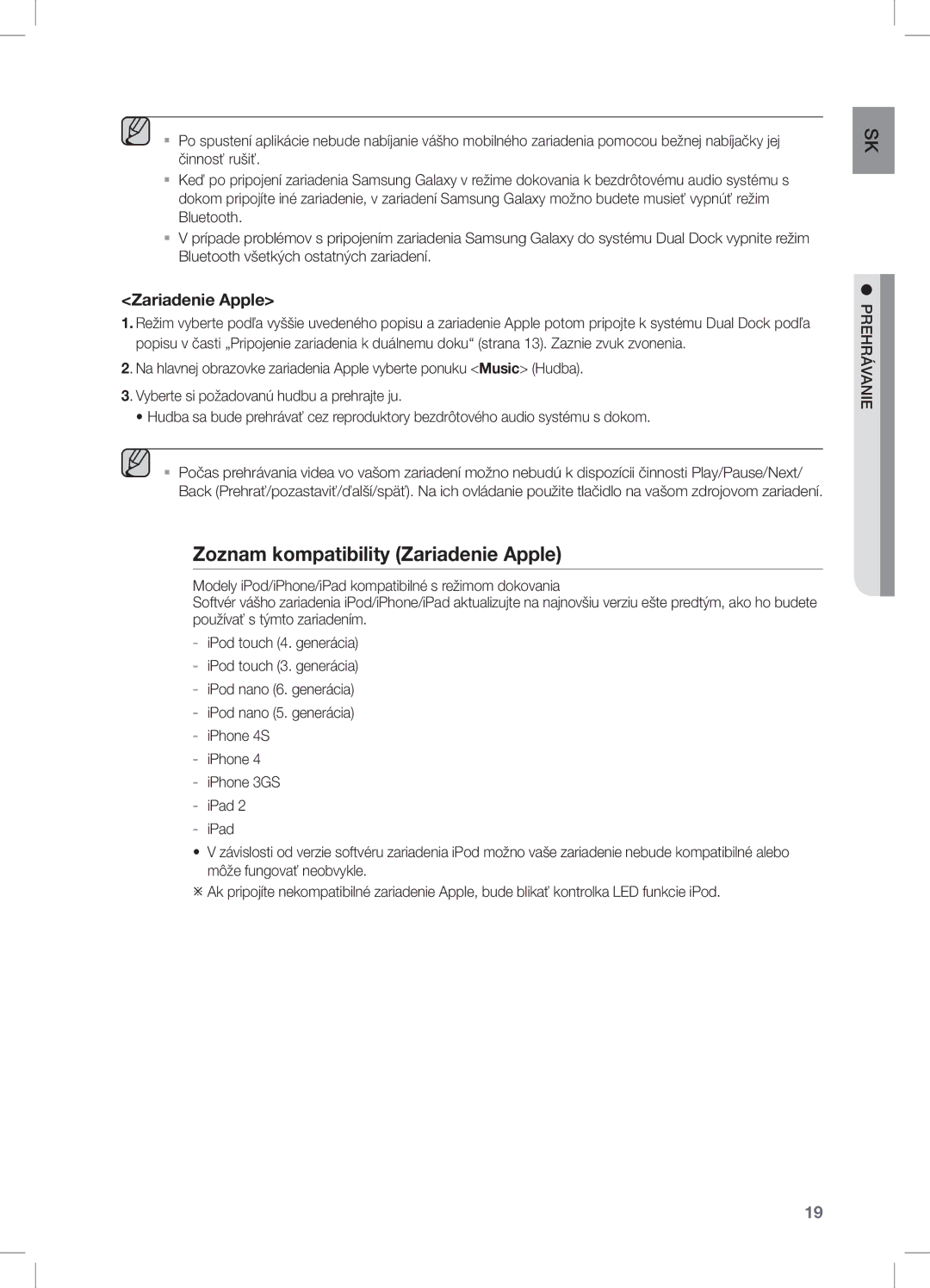 Samsung DA-E650/EN, DA-E651/EN, DA-E651/XE manual Zoznam kompatibility Zariadenie Apple 