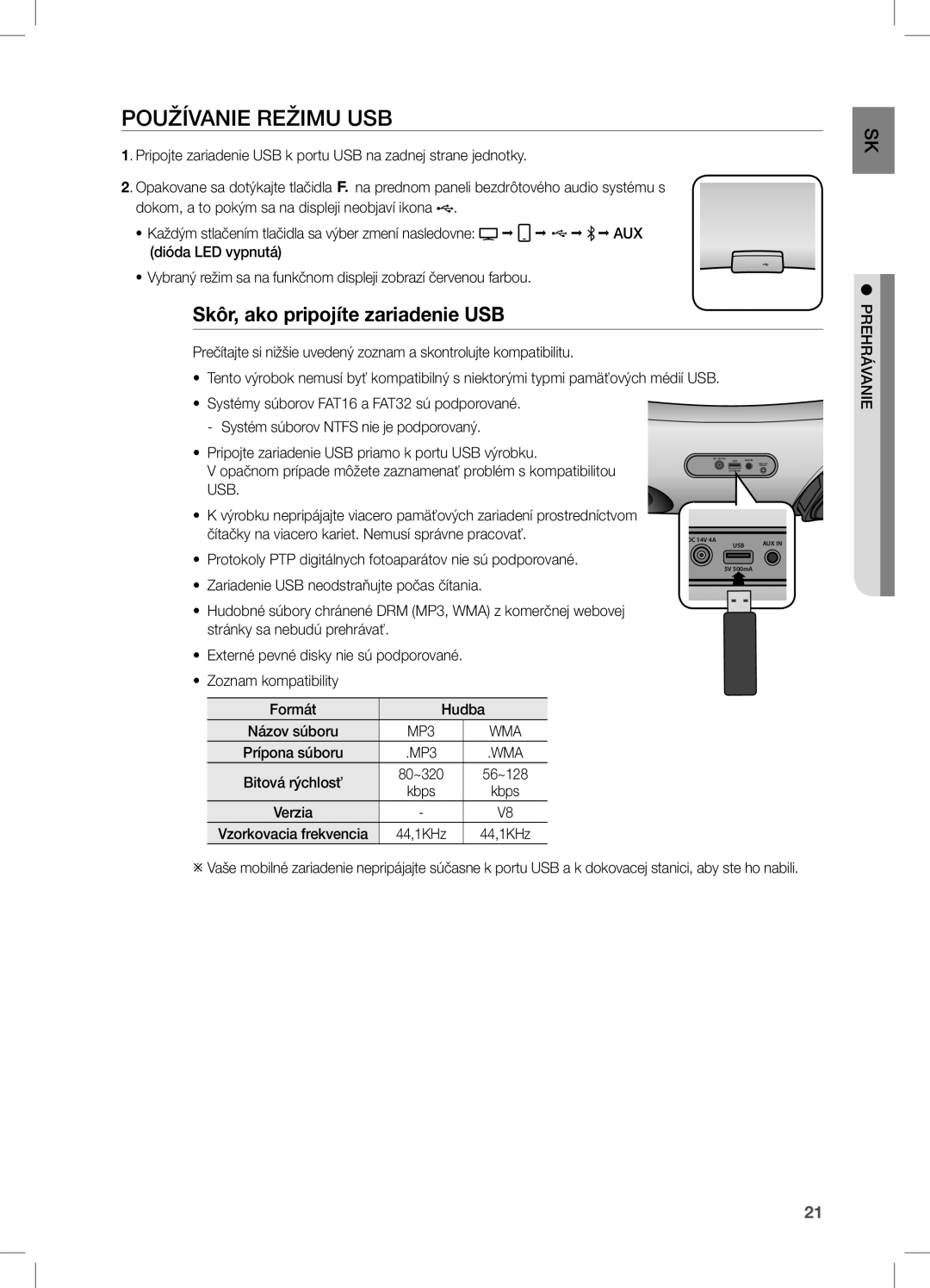 Samsung DA-E651/XE, DA-E650/EN, DA-E651/EN manual Používanie Režimu USB, Skôr, ako pripojíte zariadenie USB 