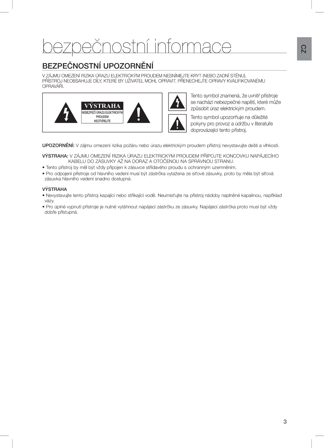 Samsung DA-E650/EN, DA-E651/EN, DA-E651/XE manual Bezpečnostní informace, Bezpečnostní Upozornění 