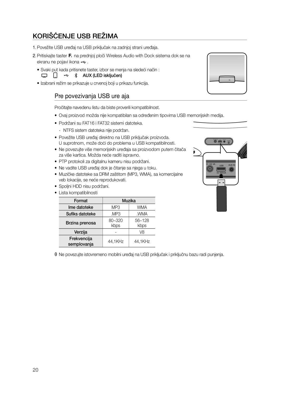 Samsung DA-E651/EN, DA-E650/EN manual Korišćenje USB Režima, Pre povezivanja USB uređaja, Muzika 