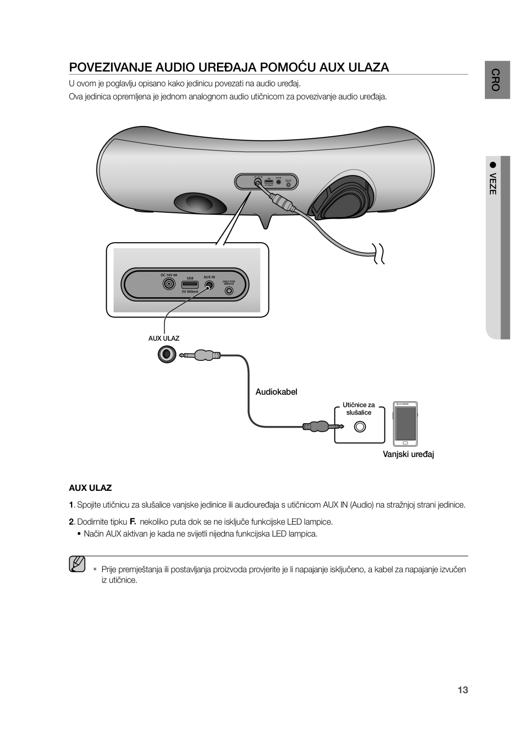 Samsung DA-E651/EN, DA-E650/EN manual POVeZiVanJe aUDiO UReĐaJa Pomoću aUX ULaZa, Vanjski uređaj, VeZe 