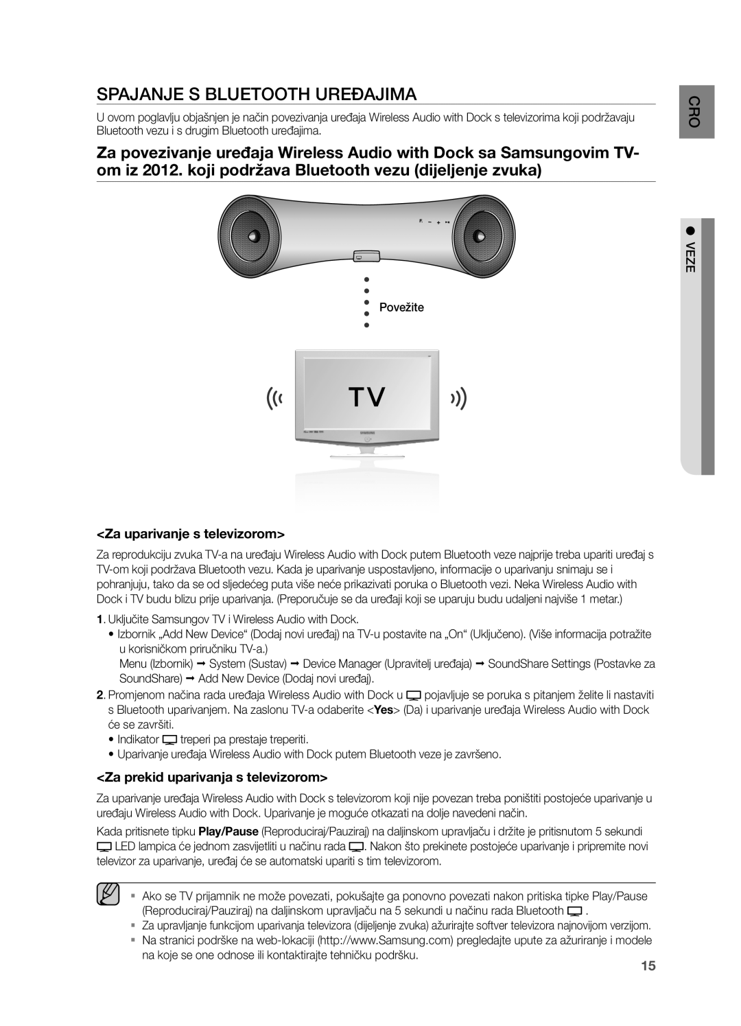 Samsung DA-E651/EN manual Spajanje S Bluetooth Uređajima, Za uparivanje s televizorom, Za prekid uparivanja s televizorom 