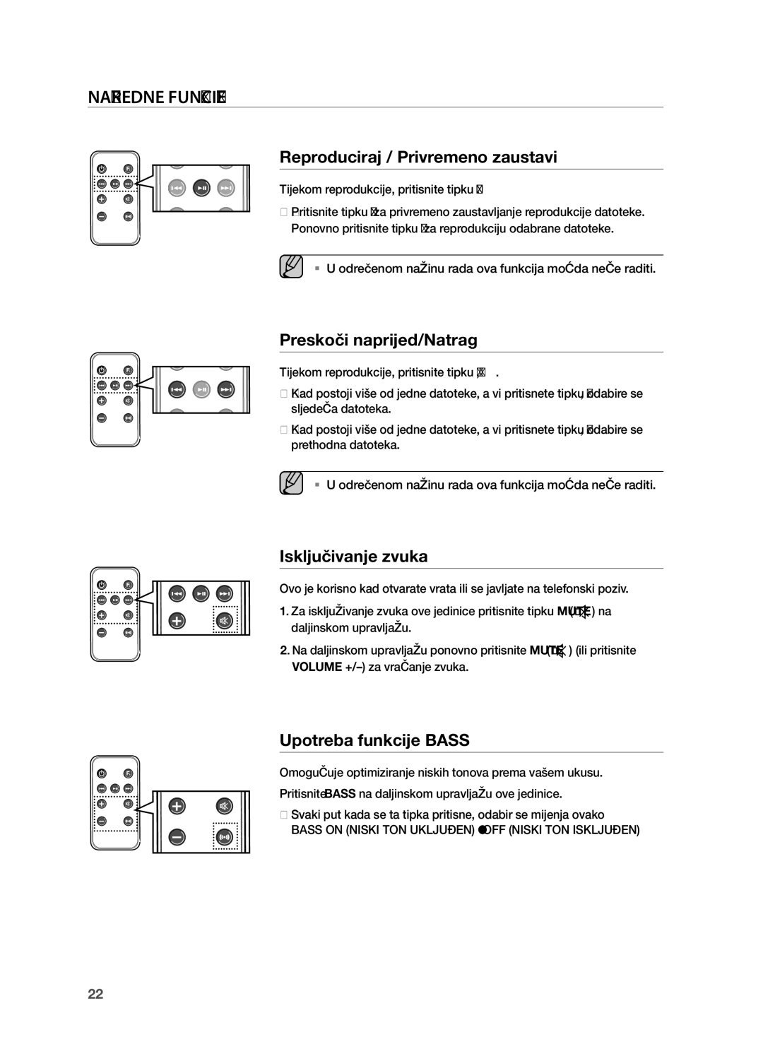 Samsung DA-E650/EN, DA-E651/EN manual Reproduciraj / privremeno zaustavi, Preskoči naprijed/natrag, Upotreba funkcije Bass 