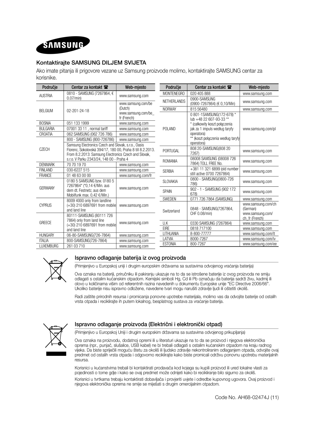 Samsung DA-E651/EN, DA-E650/EN manual Code No. AH68-02474J, Područje Centar za kontakt  Web-mjesto 