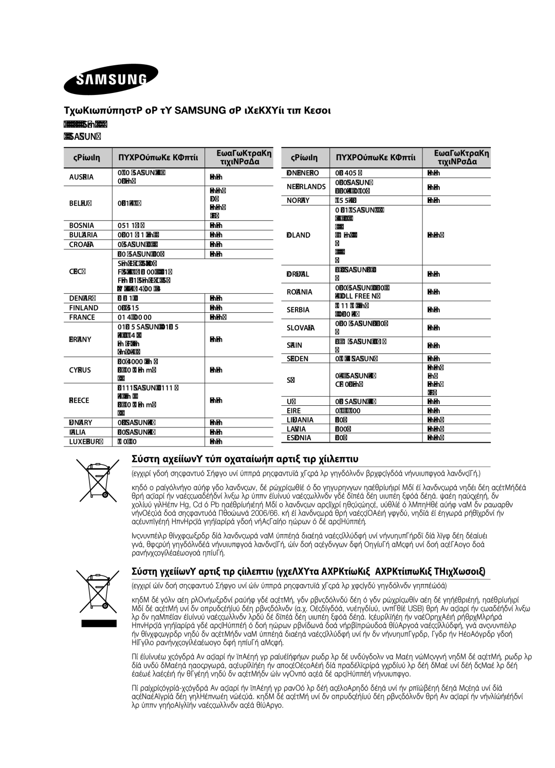 Samsung DA-E651/EN Επικοινωνήστε με τη Samsung σε ολόκληρο τον κόσμο, Σωστή απόρριψη των μπαταριών αυτού του προϊόντος 